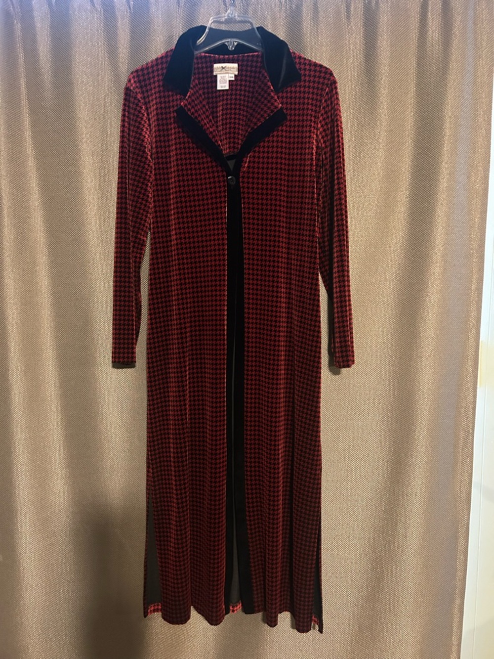 Coldwater Creek Long Red Houndstooth Velvet Duster with Black Trim